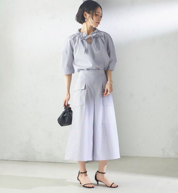 SHIPS for women「〈手洗い可能〉ストライプ フリル ネック リボン 半袖 ブラウス」|シャツ・ブラウス|