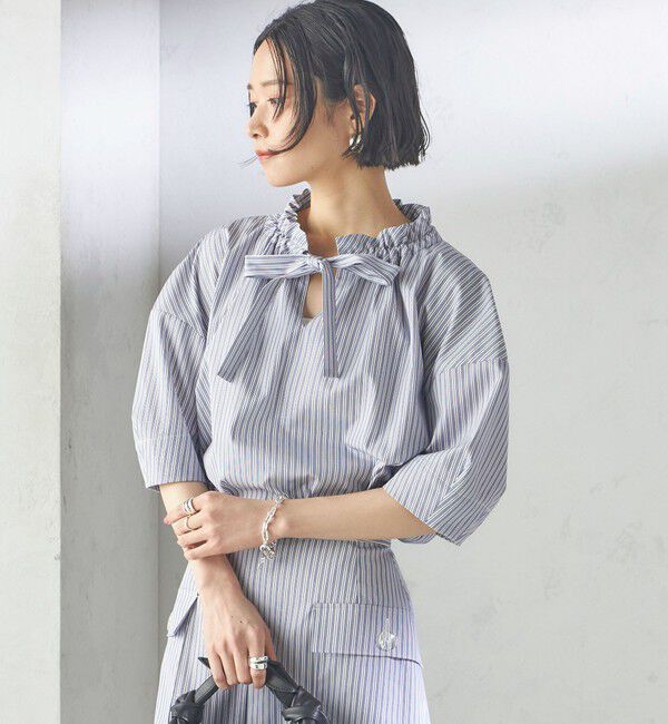 SHIPS for women「〈手洗い可能〉ストライプ フリル ネック リボン 半袖 ブラウス」|シャツ・ブラウス|