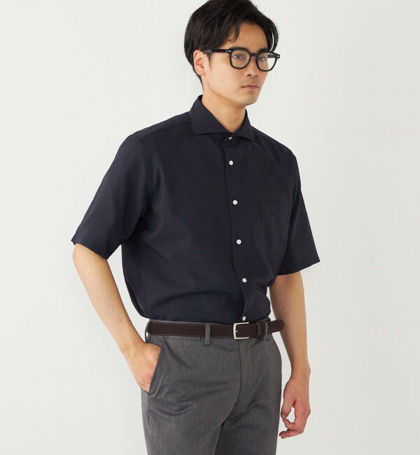 SHIPS Colors 「SHIPS Colors:ノーアイロン ウールライク ワイドカラー ショートスリーブ シャツ」|シャツ・ブラウス|ネイビー