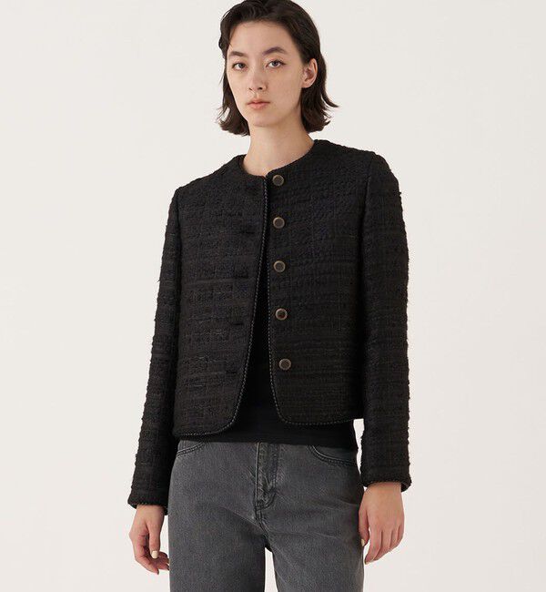 DES PRES「シックツイード クルーネックジャケット」|ノーカラージャケット|