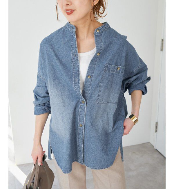 Spick and Span「《WEB限定 / 追加》バンドカラーボックスダンガリーシャツ」|シャツ・ブラウス|ブルー