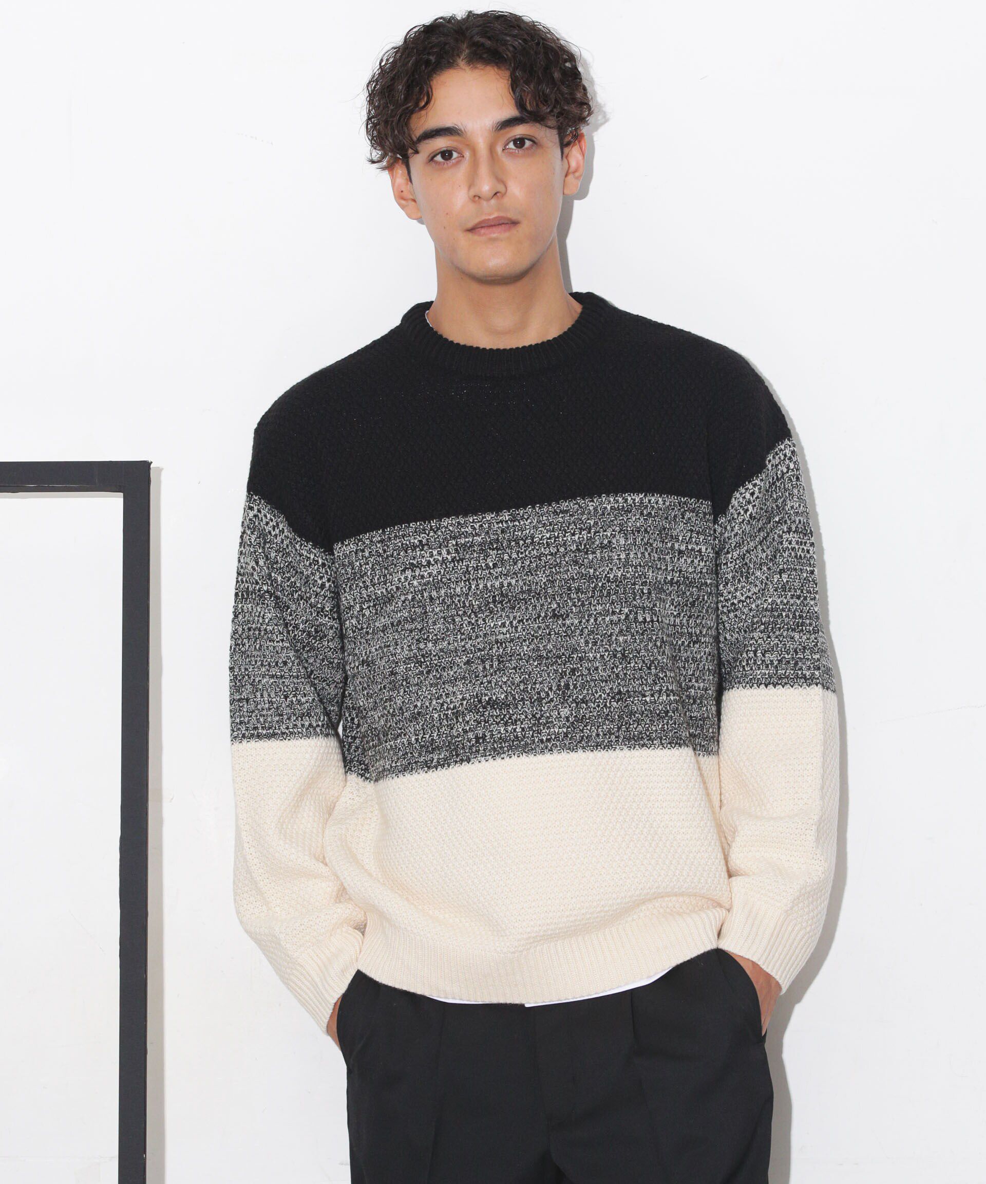 nano･universe「グラデーションワイドボーダーニット」|ニット・セーター|ブラック