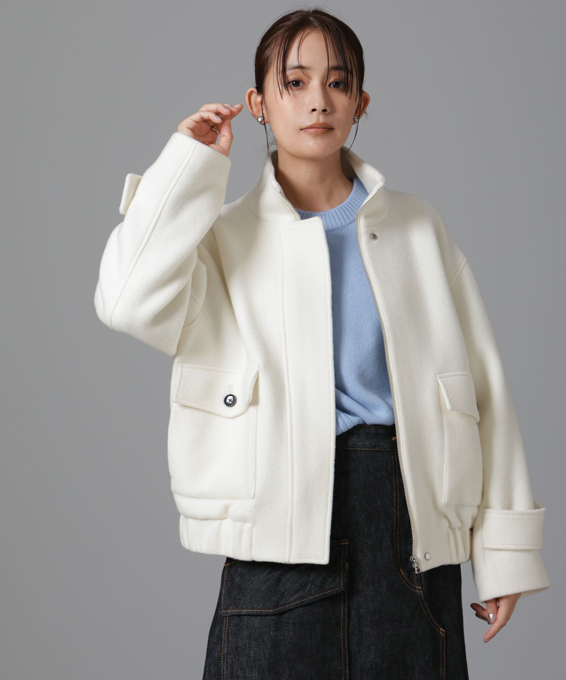 nano･universe「PECOLAMBウールカシミヤスタンドカラージップブルゾン」|ブルゾン・スタジャン|オフホワイト1
