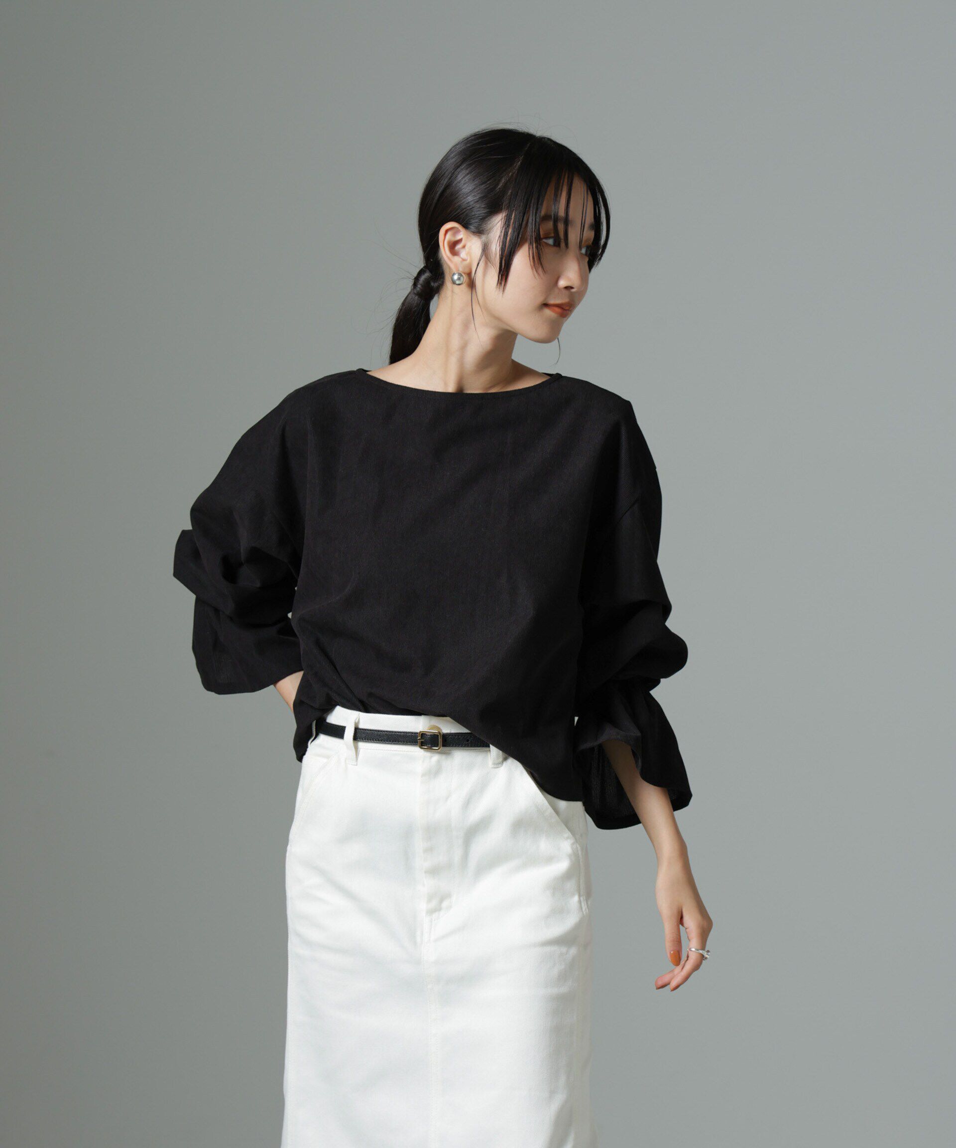 nano･universe「ﾏｲｸﾛｺｰﾙｷｬﾝﾃﾞｨｽﾘｰﾌﾞﾌﾟﾙｵｰﾊﾞｰﾌﾞﾗｳｽ(ｾｯ」|シャツ・ブラウス|ブラック