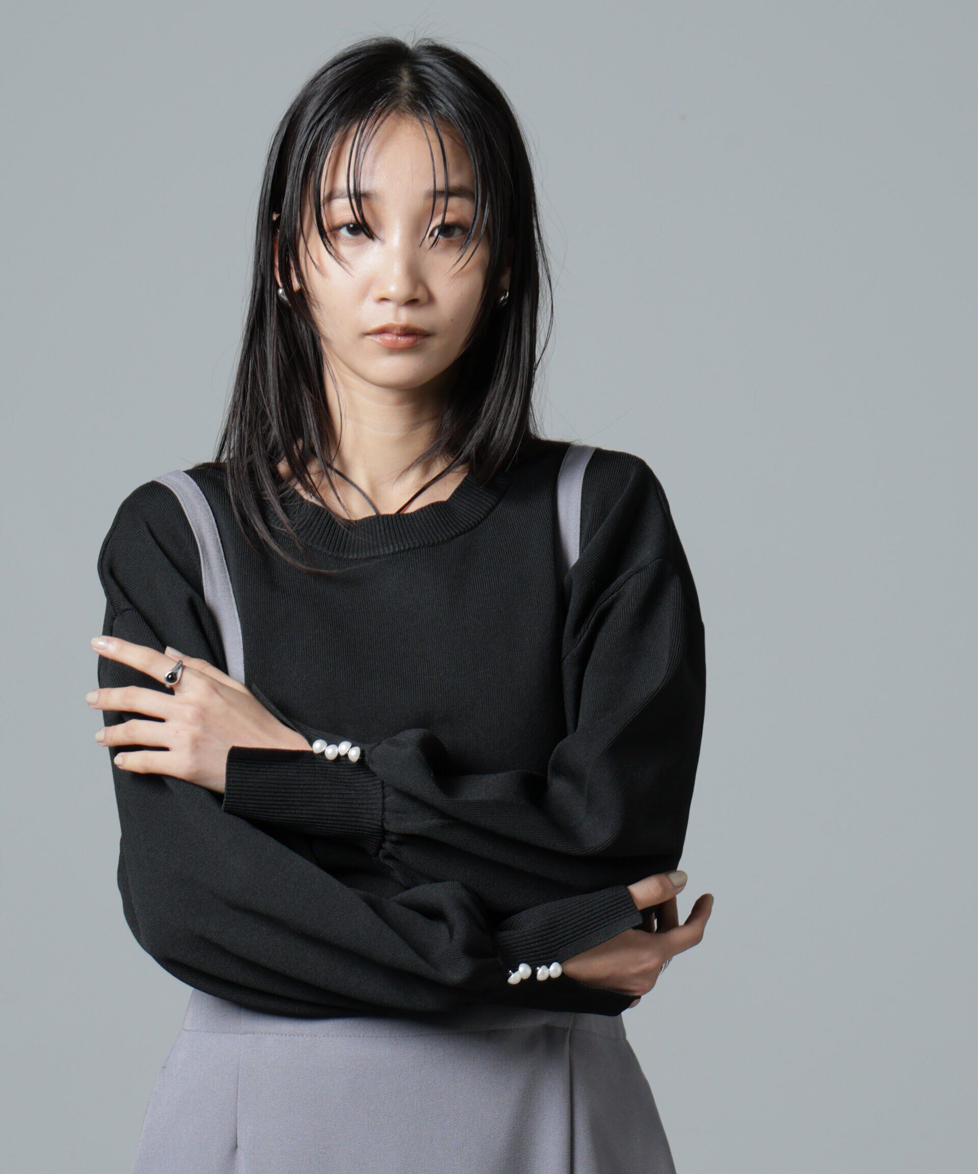 nano･universe「洗濯機洗い可パールスリーブニットトップス」|ニット・セーター|ブラック