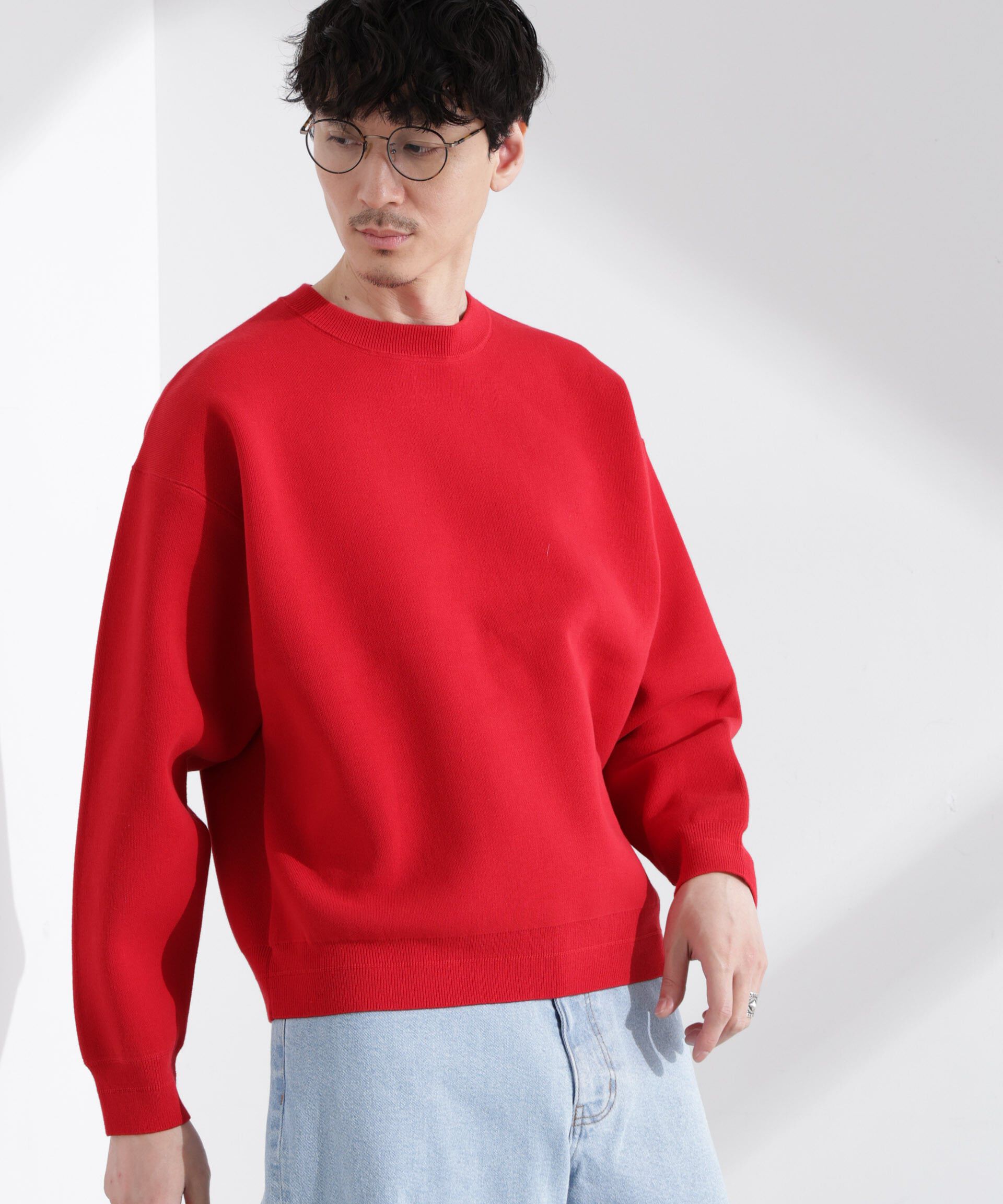 nano･universe「「大人のスウェット」スウェットライク接結クルーネックニット」|ニット・セーター|レッド