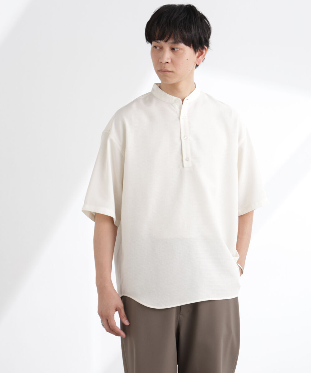 nano･universe「テックリネンバンドカラープルオーバーシャツ 半袖」|シャツ・ブラウス|ホワイト