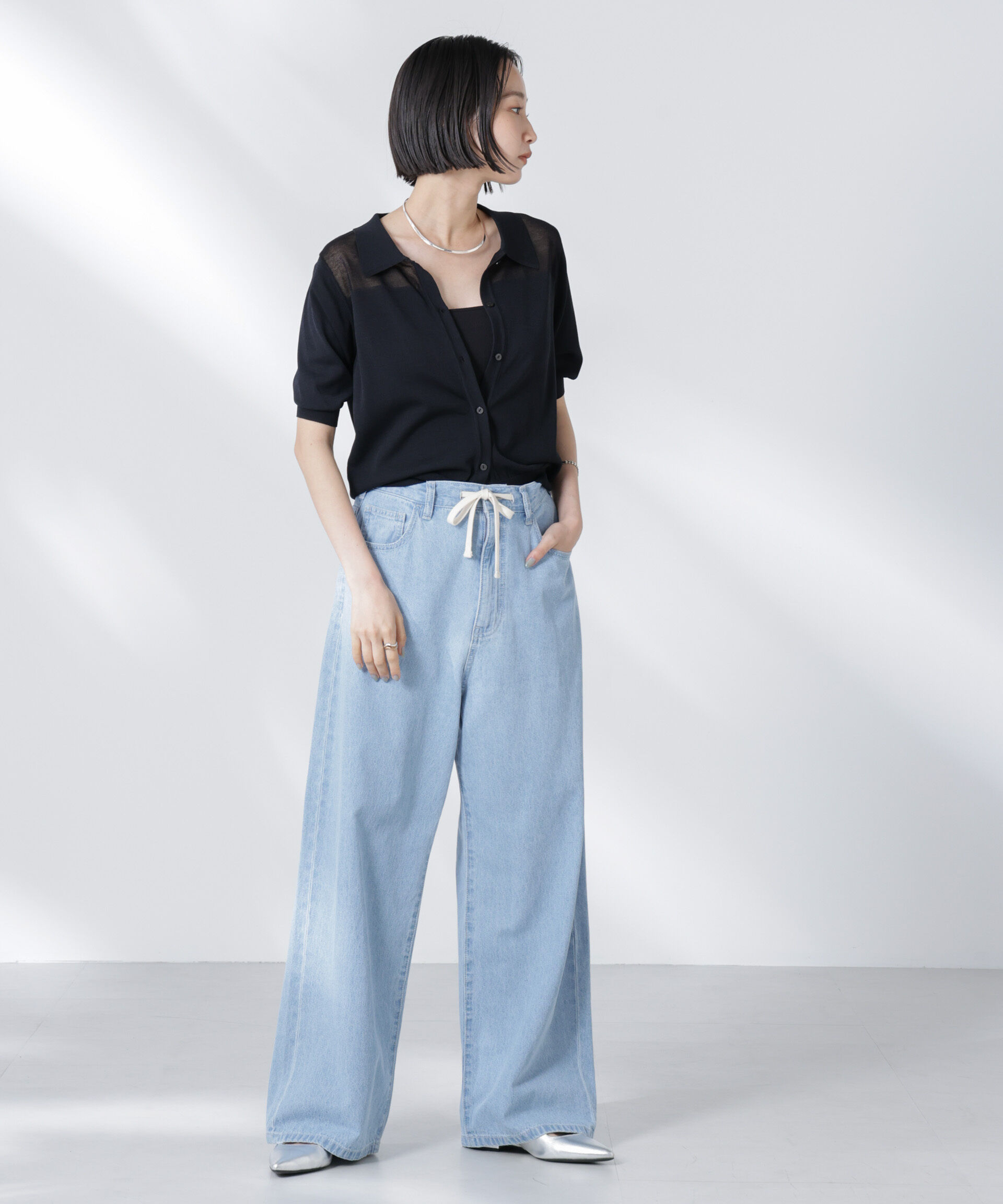 nano･universe「シアー切り替え半袖ニットカーディガン」|ニット・セーター|