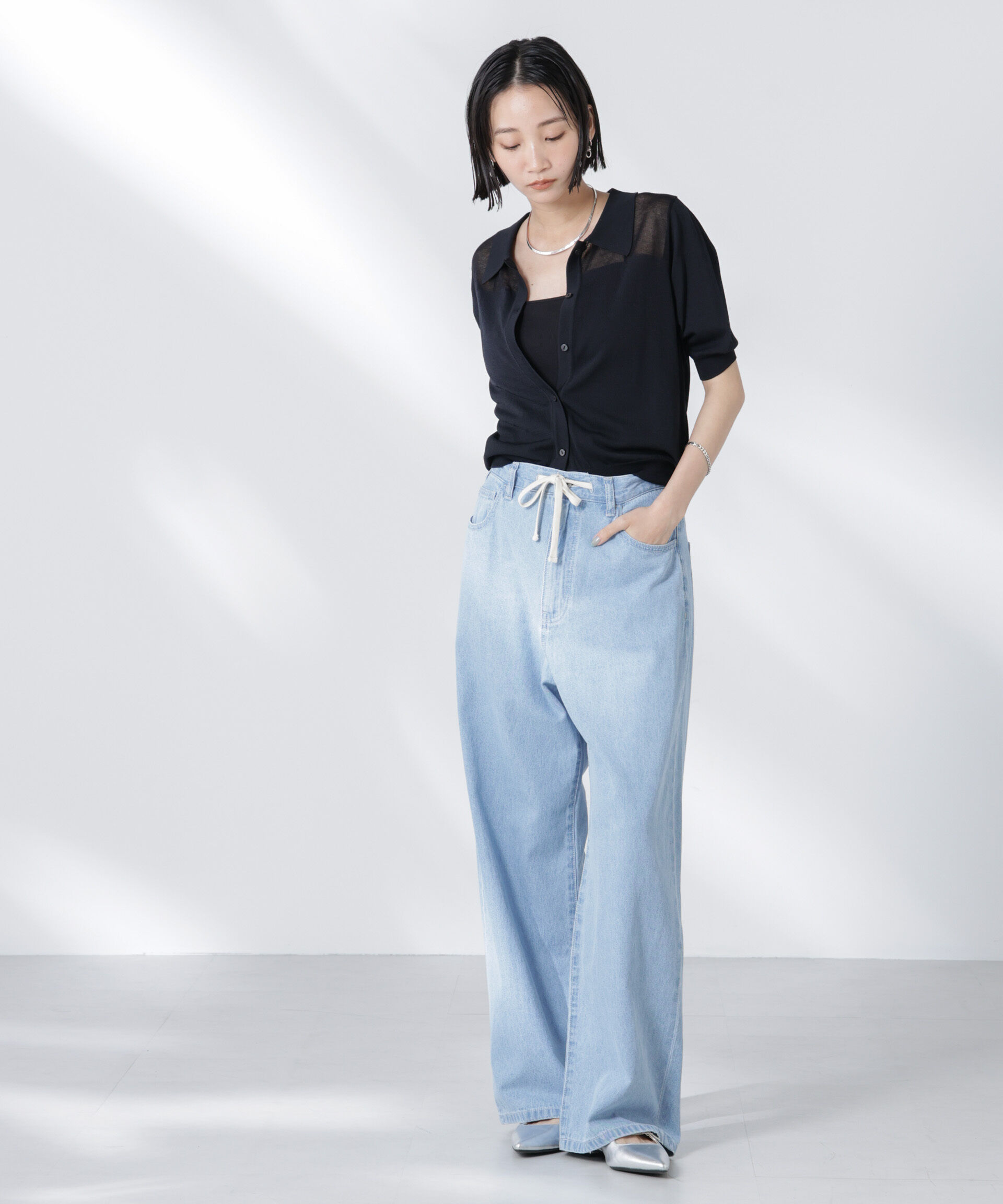 nano･universe「シアー切り替え半袖ニットカーディガン」|ニット・セーター|