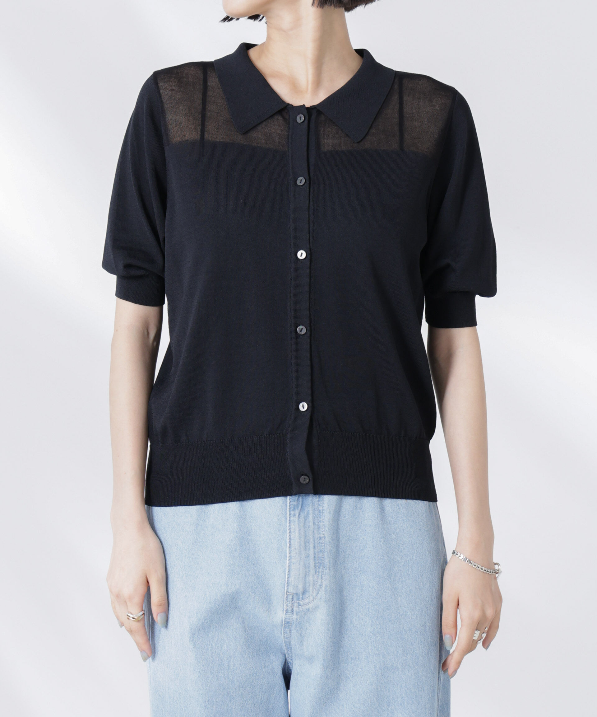 nano･universe「シアー切り替え半袖ニットカーディガン」|ニット・セーター|