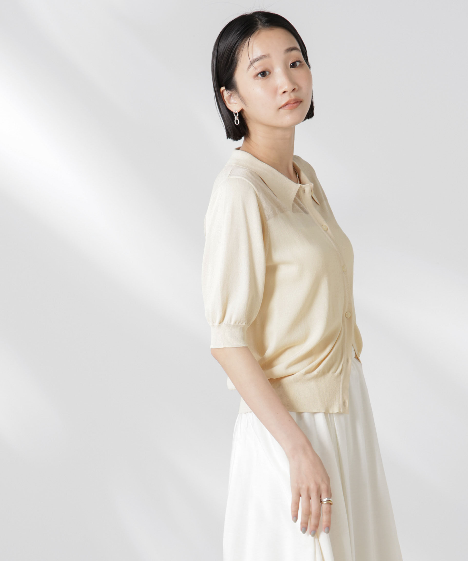 nano･universe「シアー切り替え半袖ニットカーディガン」|ニット・セーター|