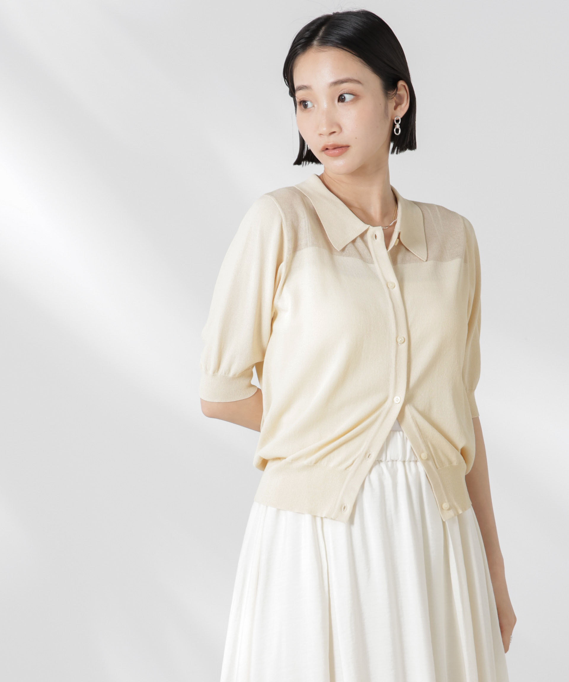 nano･universe「シアー切り替え半袖ニットカーディガン」|ニット・セーター|