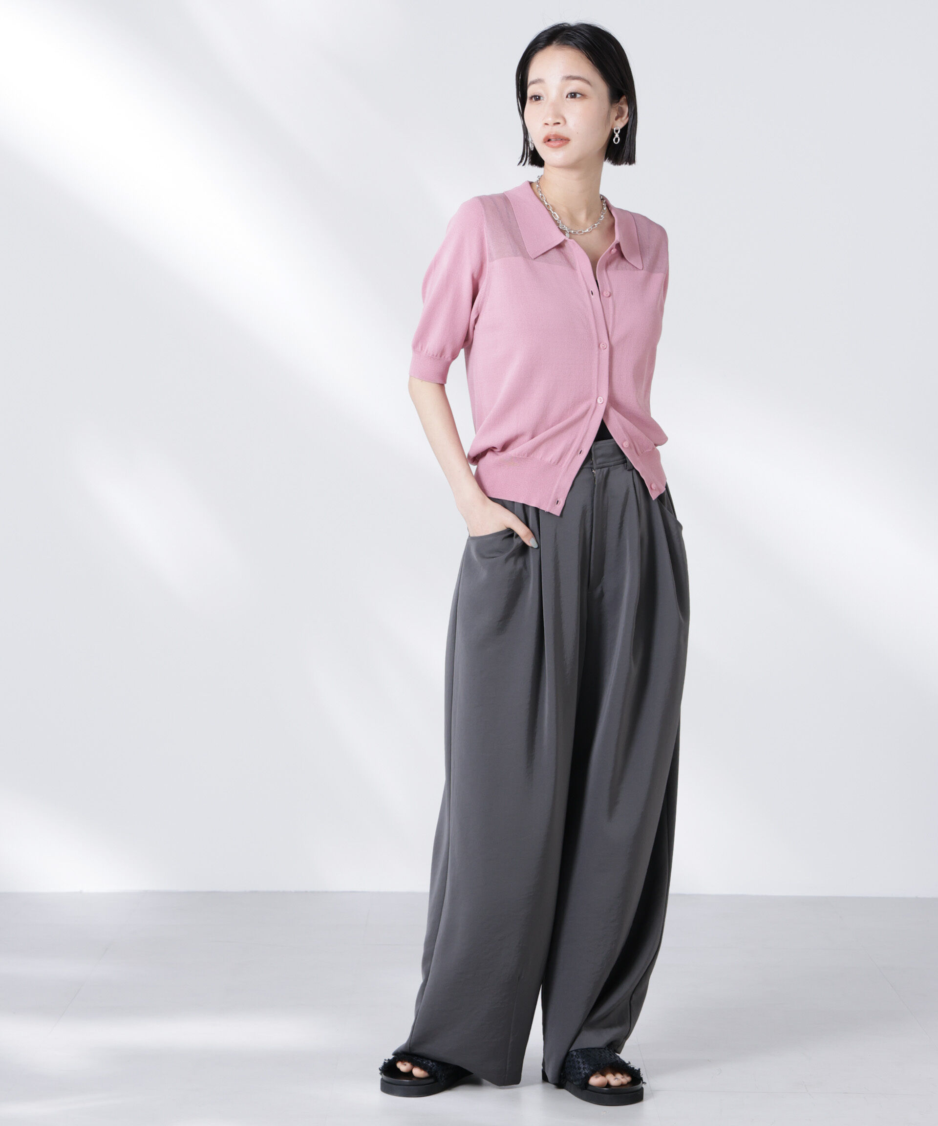 nano･universe「シアー切り替え半袖ニットカーディガン」|ニット・セーター|