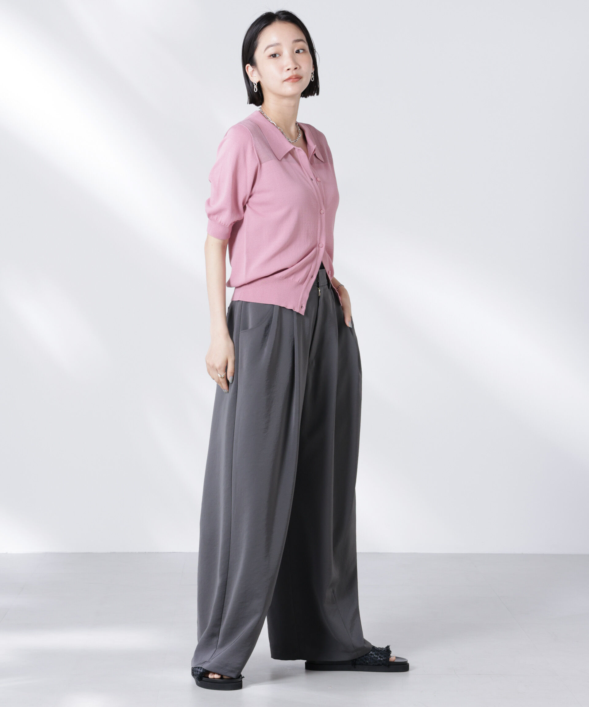 nano･universe「シアー切り替え半袖ニットカーディガン」|ニット・セーター|