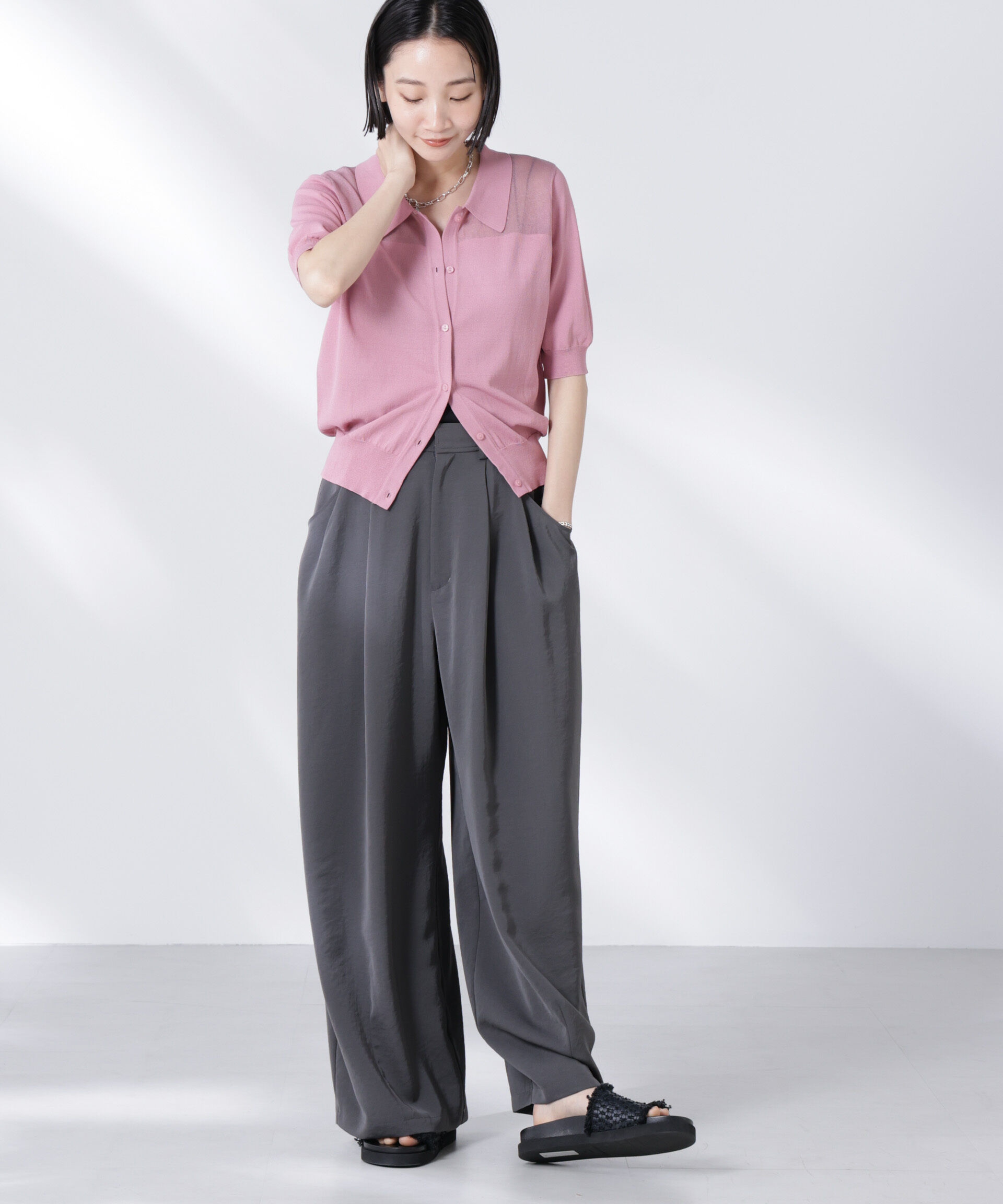 nano･universe「シアー切り替え半袖ニットカーディガン」|ニット・セーター|