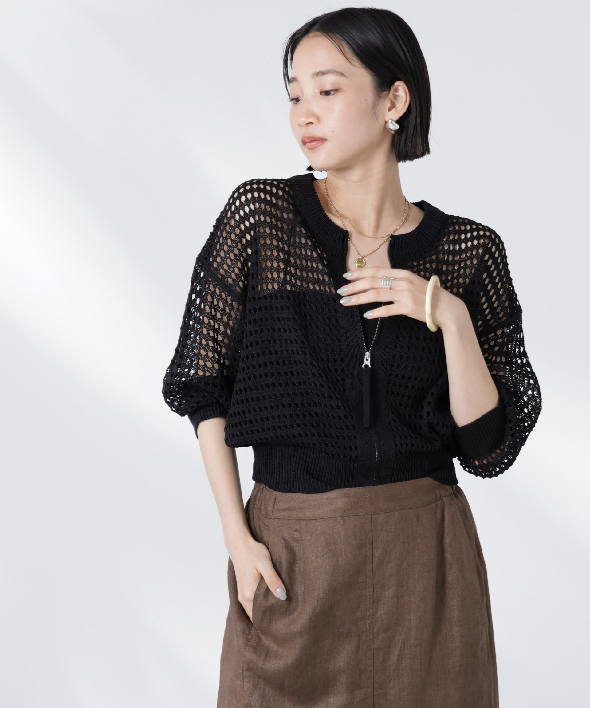 nano･universe「メッシュニットジップカーディガン」|ニット・セーター|