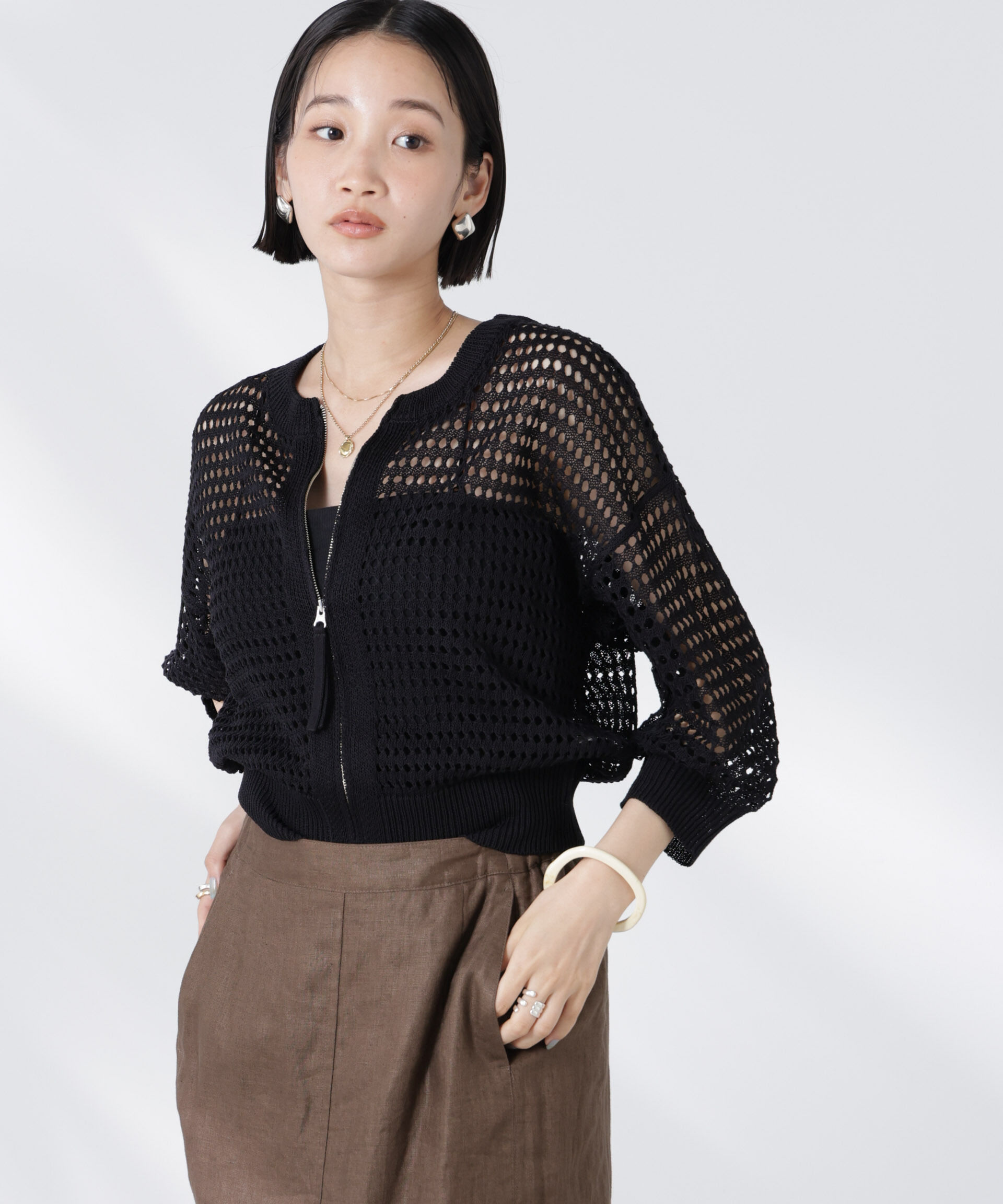nano･universe「メッシュニットジップカーディガン」|ニット・セーター|