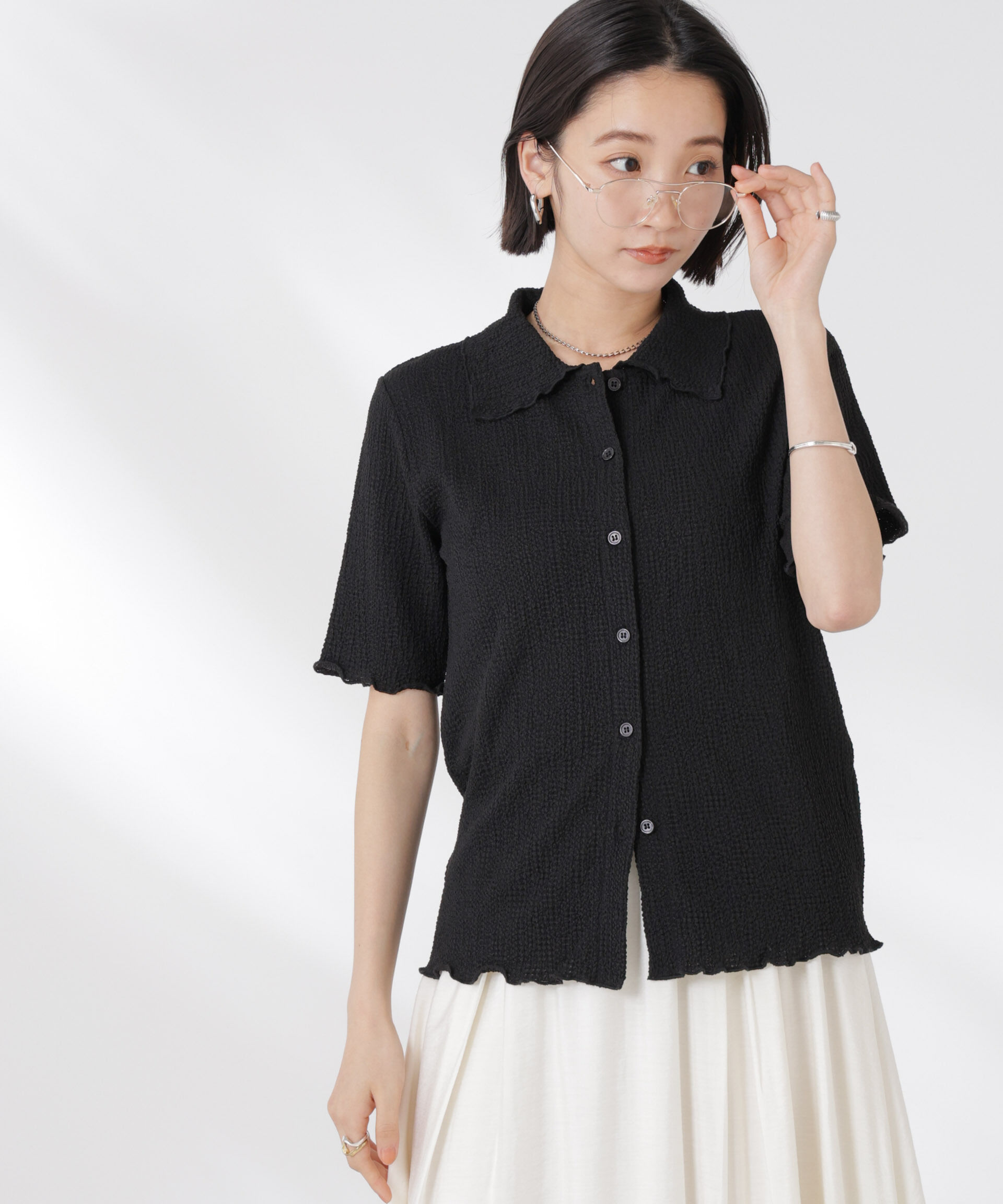 nano･universe「衿付カットジャガードメロートップス」|Tシャツ・カットソー|ブラック