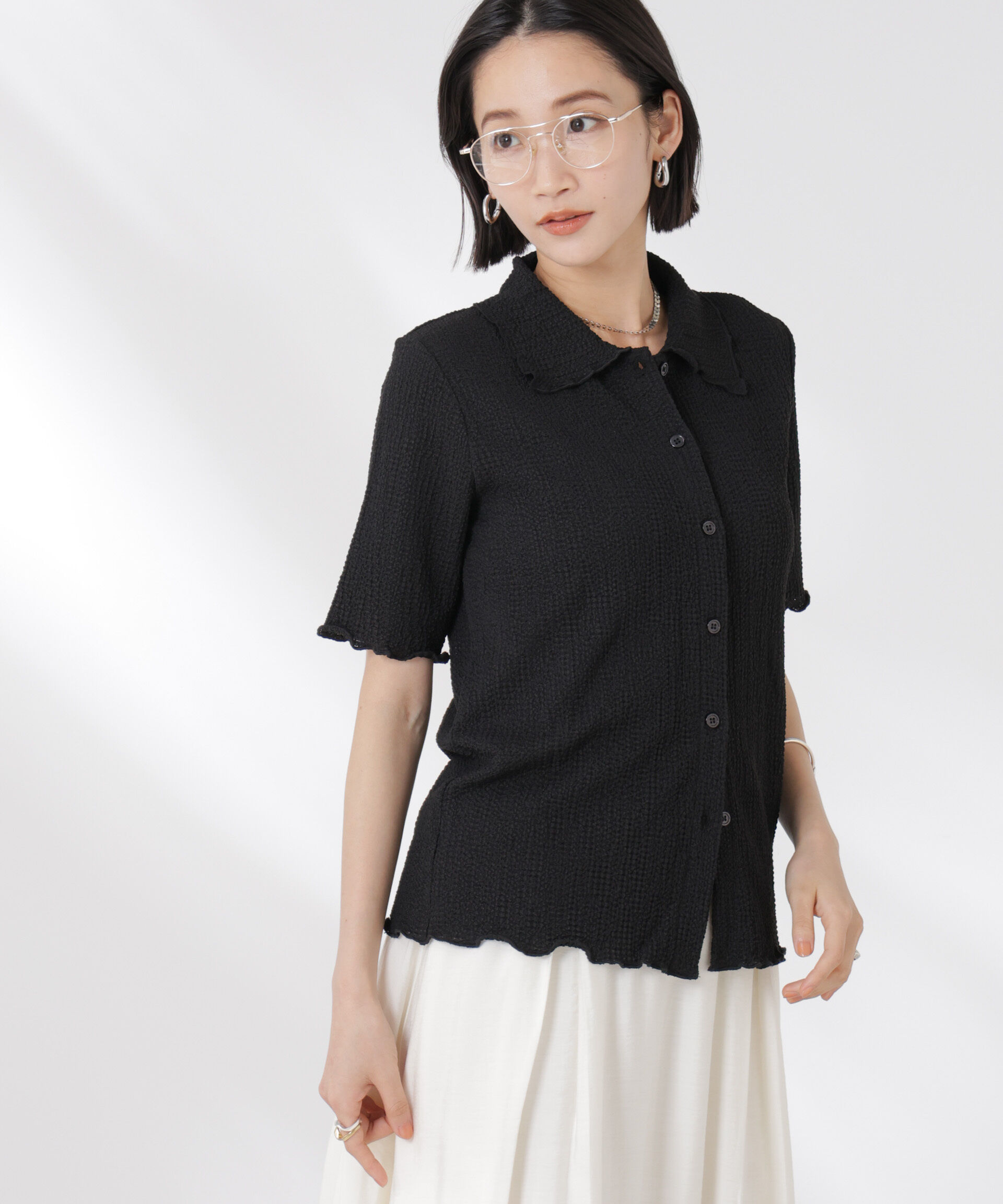 nano･universe「衿付カットジャガードメロートップス」|Tシャツ・カットソー|