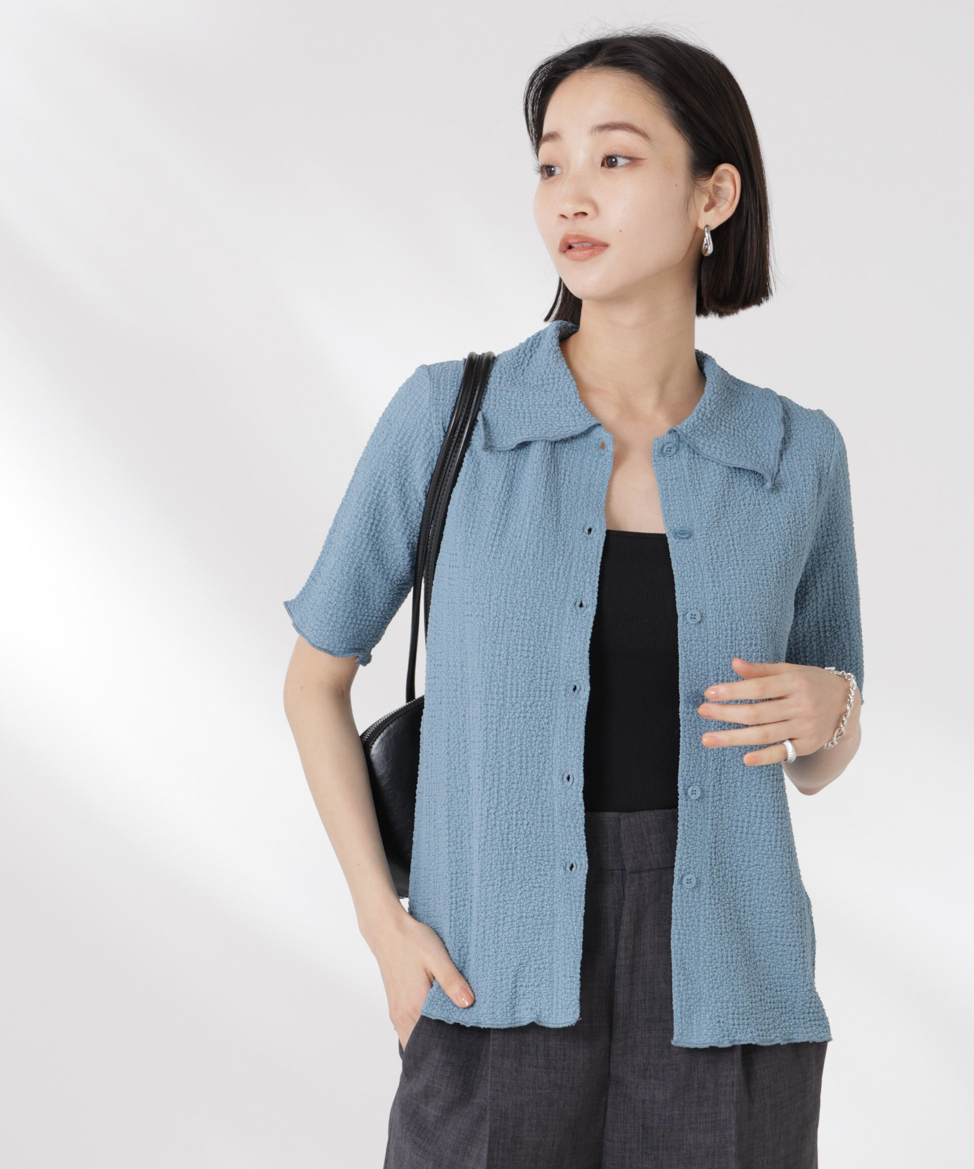 nano･universe「衿付カットジャガードメロートップス」|Tシャツ・カットソー|ブルー