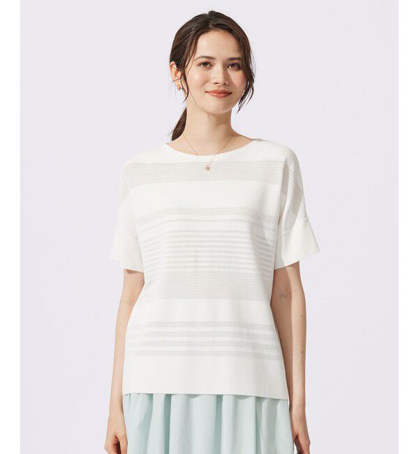 自由区「【UVカット・洗える】クレープストレッチボーダー ニット」|ニット・セーター|オフホワイト