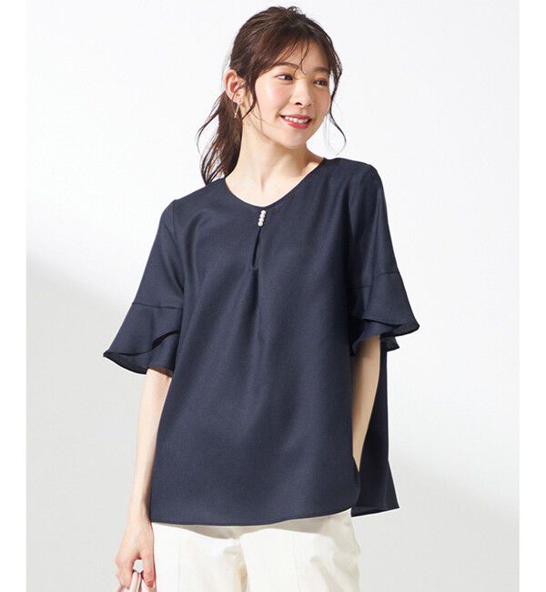 ANY SIS「【接触冷感・UVカット・速乾】スムージーポリエステル フレアスリーブ ブラウス」|シャツ・ブラウス|ネイビー