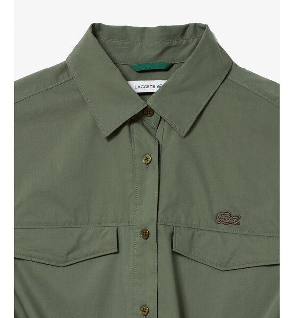 LACOSTE「撥水 ウエストドロスト ミリタリーフラップポケットシャツドレス / ロングシャツワンピース」|ワンピース|