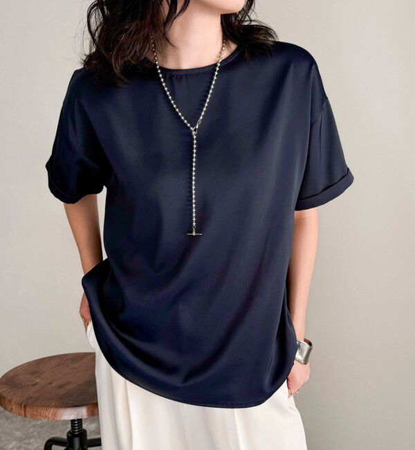 fredy emue「【WEB限定カラーあり】サテン半袖Tシャツブラウス」|シャツ・ブラウス|ネイビー