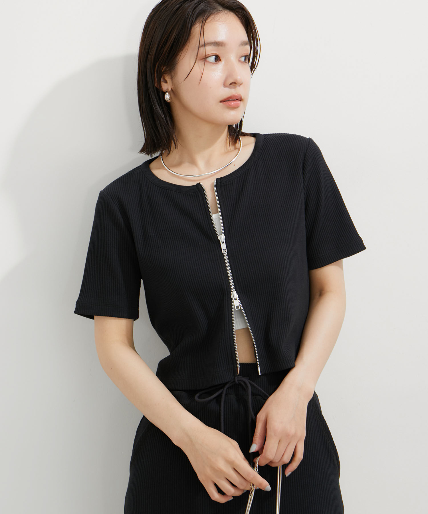 VIS「【セットアップ対応】リブ半袖ZIPカーディガン【洗える】」|カーディガン|