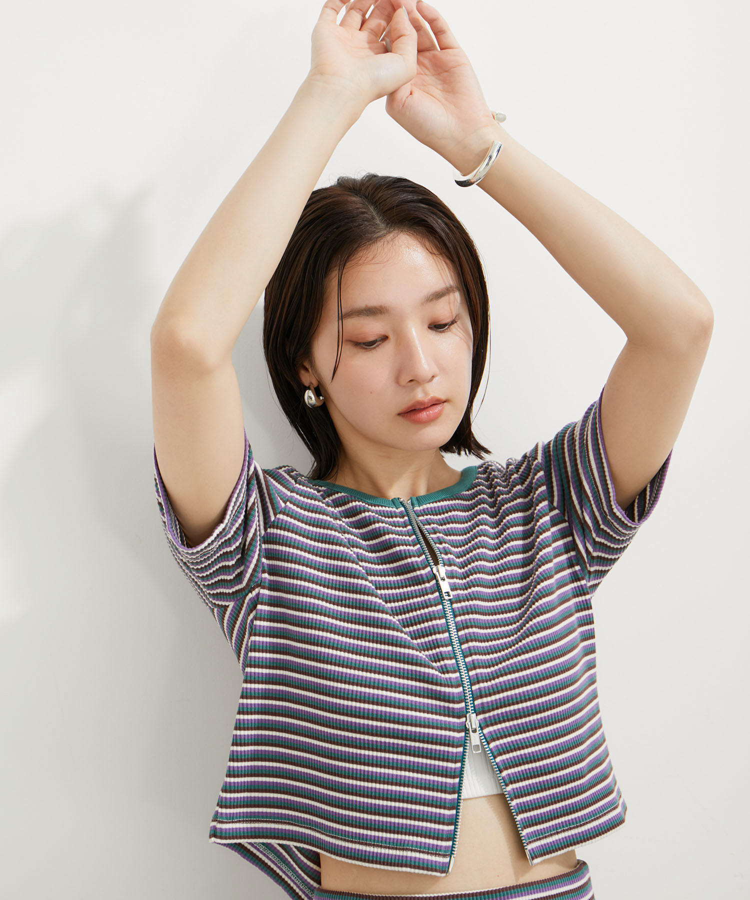 VIS「【セットアップ対応】リブ半袖ZIPカーディガン【洗える】」|カーディガン|