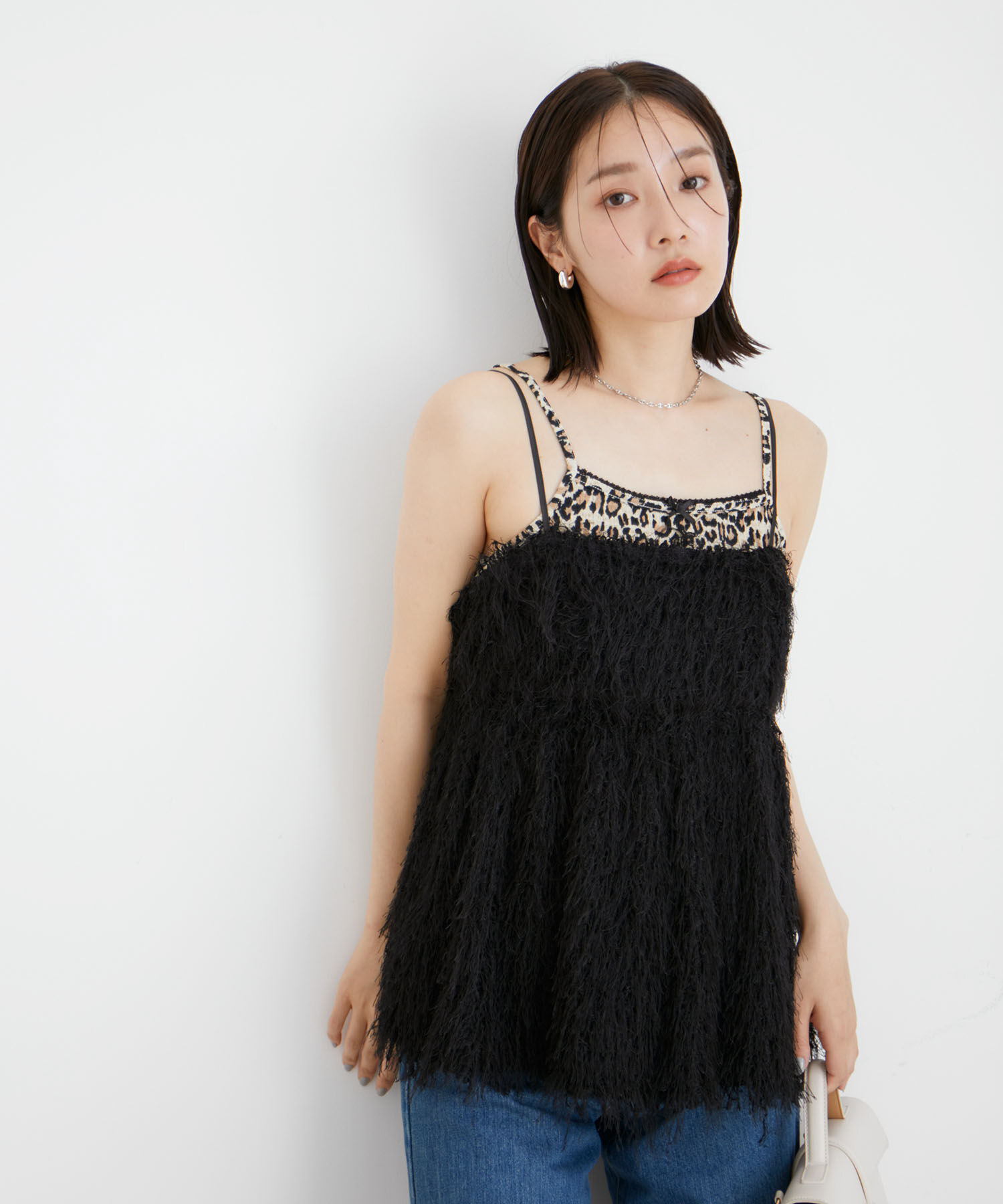 VIS「【洗える】プチリボン付きパターンメッシュキャミソール」|キャミソール|