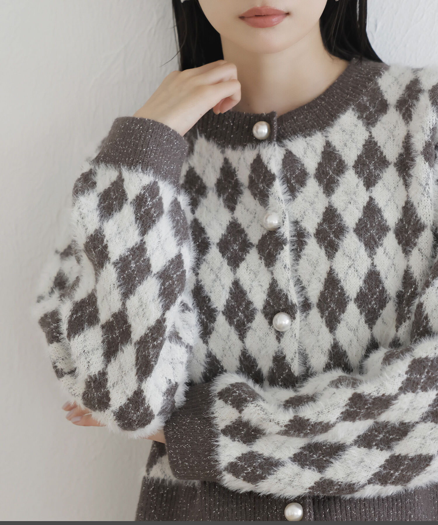 VIS「ミニアーガイル柄ビックパールボタンカーディガン」|カーディガン|