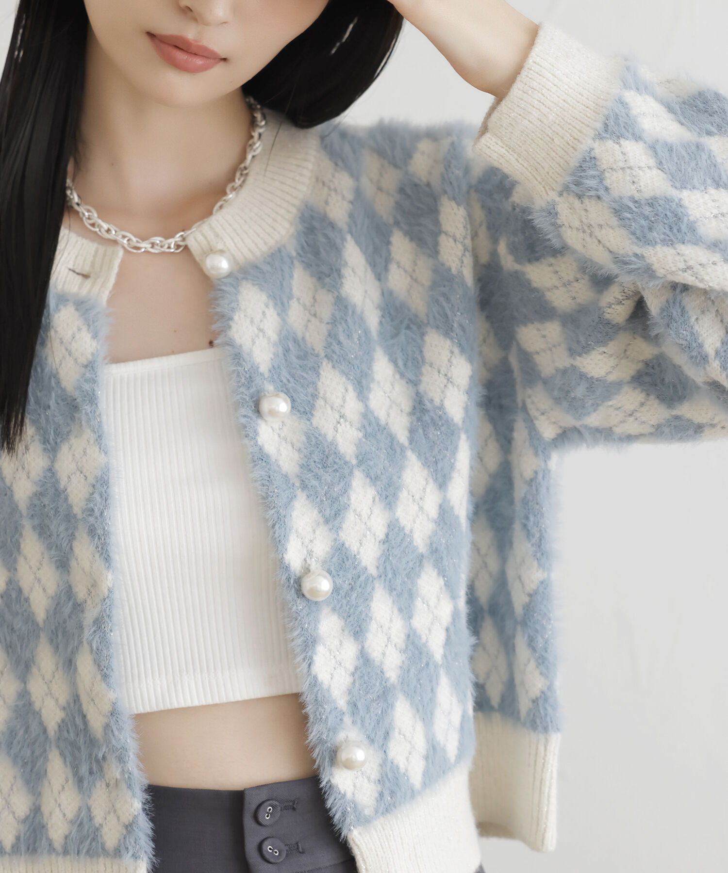 VIS「ミニアーガイル柄ビックパールボタンカーディガン」|カーディガン|サックス(48)