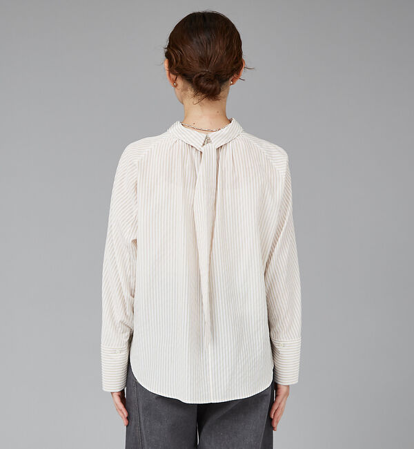 qualite「ストライプハイネックギャザーブラウス」|シャツ・ブラウス|