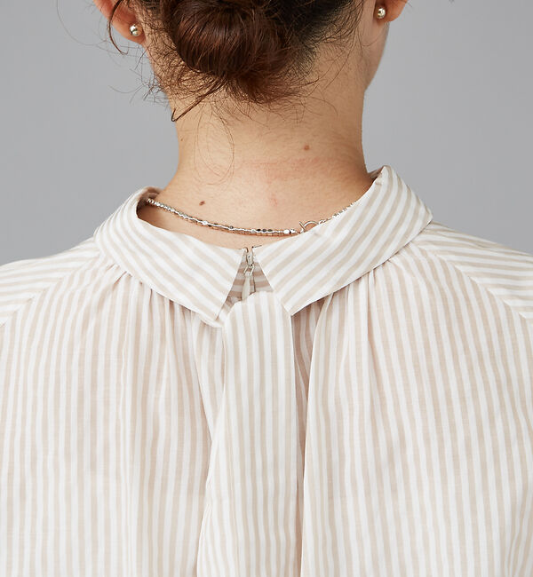 qualite「ストライプハイネックギャザーブラウス」|シャツ・ブラウス|