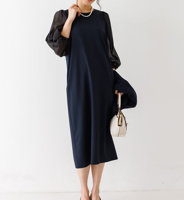 abahouse mavie「【エニデイカセット】シアー袖切替ワンピース」|ワンピース|ダークネイビー