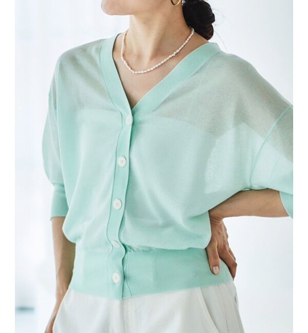 le.coeur blanc「《手洗い可能》シアーVネック7分袖カーディガン」|カーディガン|ミント