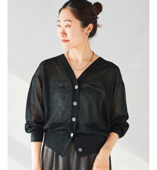 le.coeur blanc「《手洗い可能》シアーVネック7分袖カーディガン」|カーディガン|ブラック