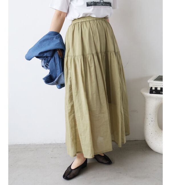  「《WEB限定アイテム》ローンギャザーティアードスカート」|スカート|カーキグリーン