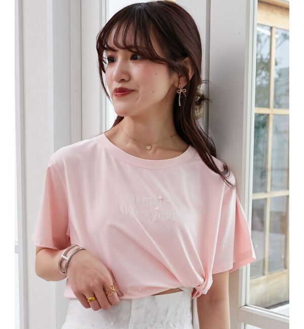  「パール付きクロップドロゴTシャツ」|Tシャツ・カットソー|