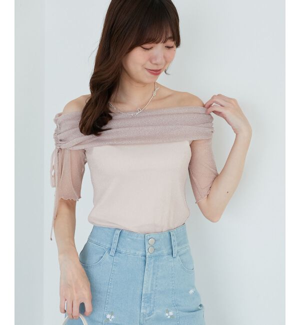  「&infin;ラメチュールオフショル半袖トップス」|Tシャツ・カットソー|