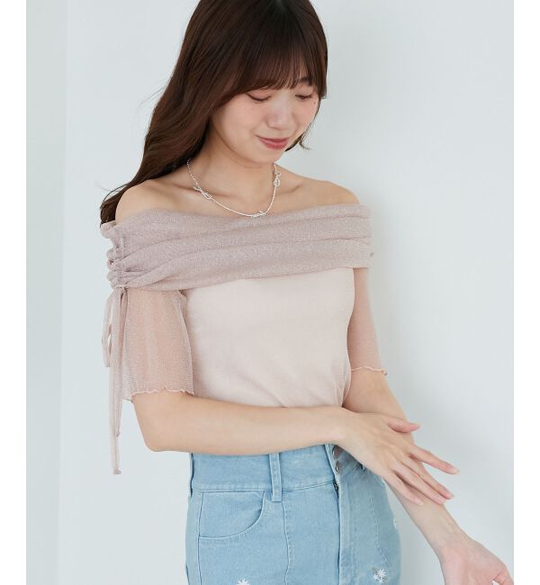  「&infin;ラメチュールオフショル半袖トップス」|Tシャツ・カットソー|