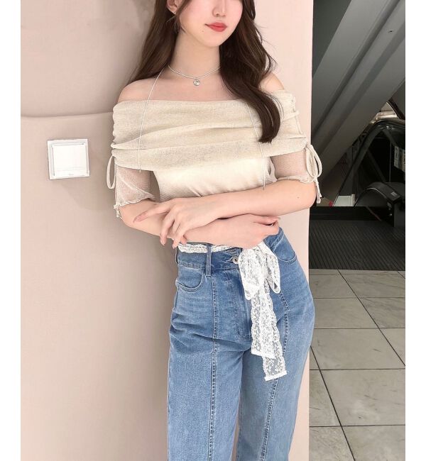  「&infin;ラメチュールオフショル半袖トップス」|Tシャツ・カットソー|