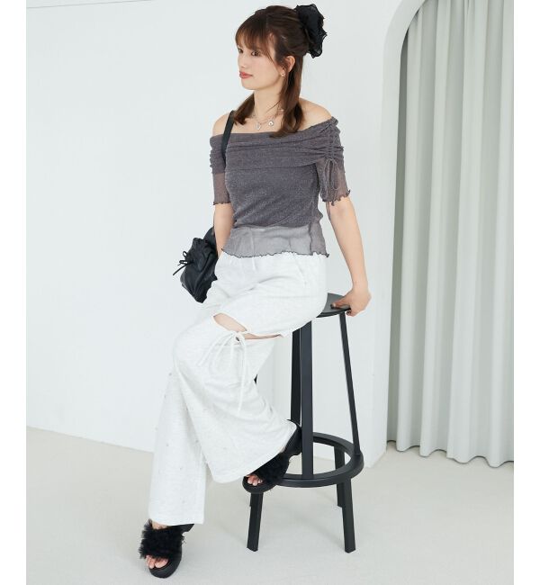  「&infin;ラメチュールオフショル半袖トップス」|Tシャツ・カットソー|