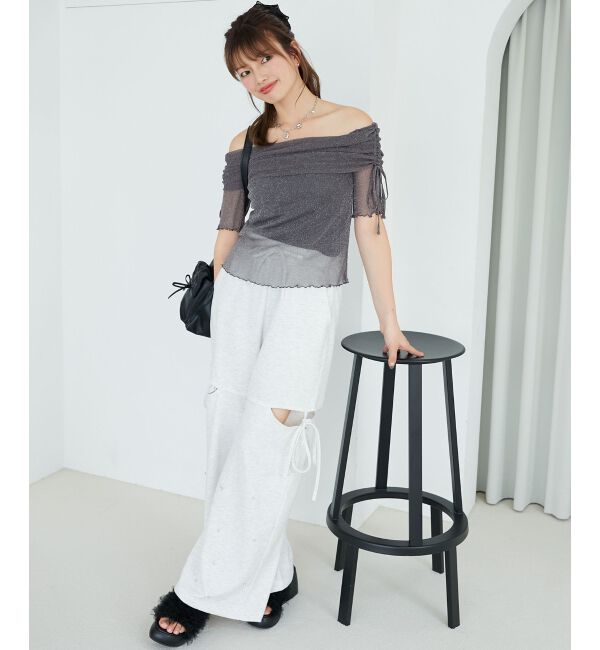  「&infin;ラメチュールオフショル半袖トップス」|Tシャツ・カットソー|