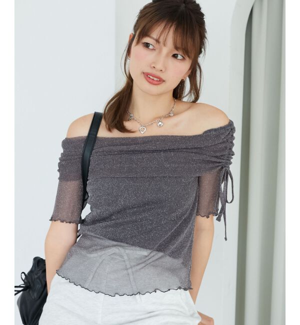  「&infin;ラメチュールオフショル半袖トップス」|Tシャツ・カットソー|