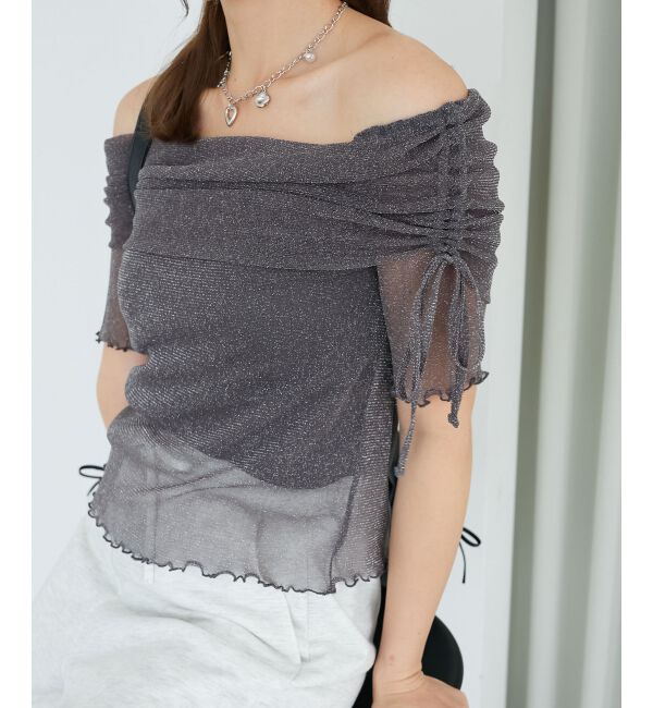  「&infin;ラメチュールオフショル半袖トップス」|Tシャツ・カットソー|