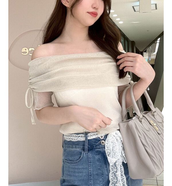  「&infin;ラメチュールオフショル半袖トップス」|Tシャツ・カットソー|