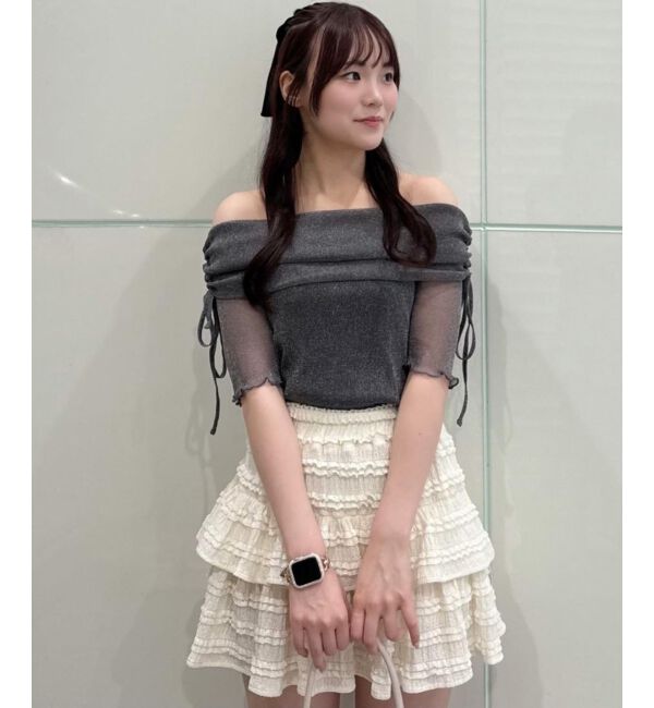  「&infin;ラメチュールオフショル半袖トップス」|Tシャツ・カットソー|