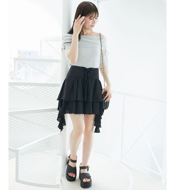  「&infin;ラメチュールオフショル半袖トップス」|Tシャツ・カットソー|